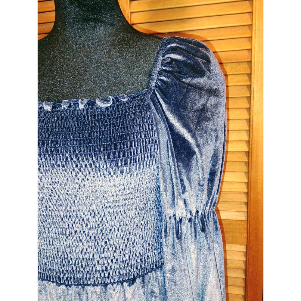 Velvet Milkmaid Smocked Square Neck Peasant Puff Sleeve Mini‎ Dress - Blue XL - Picture 5 of 11